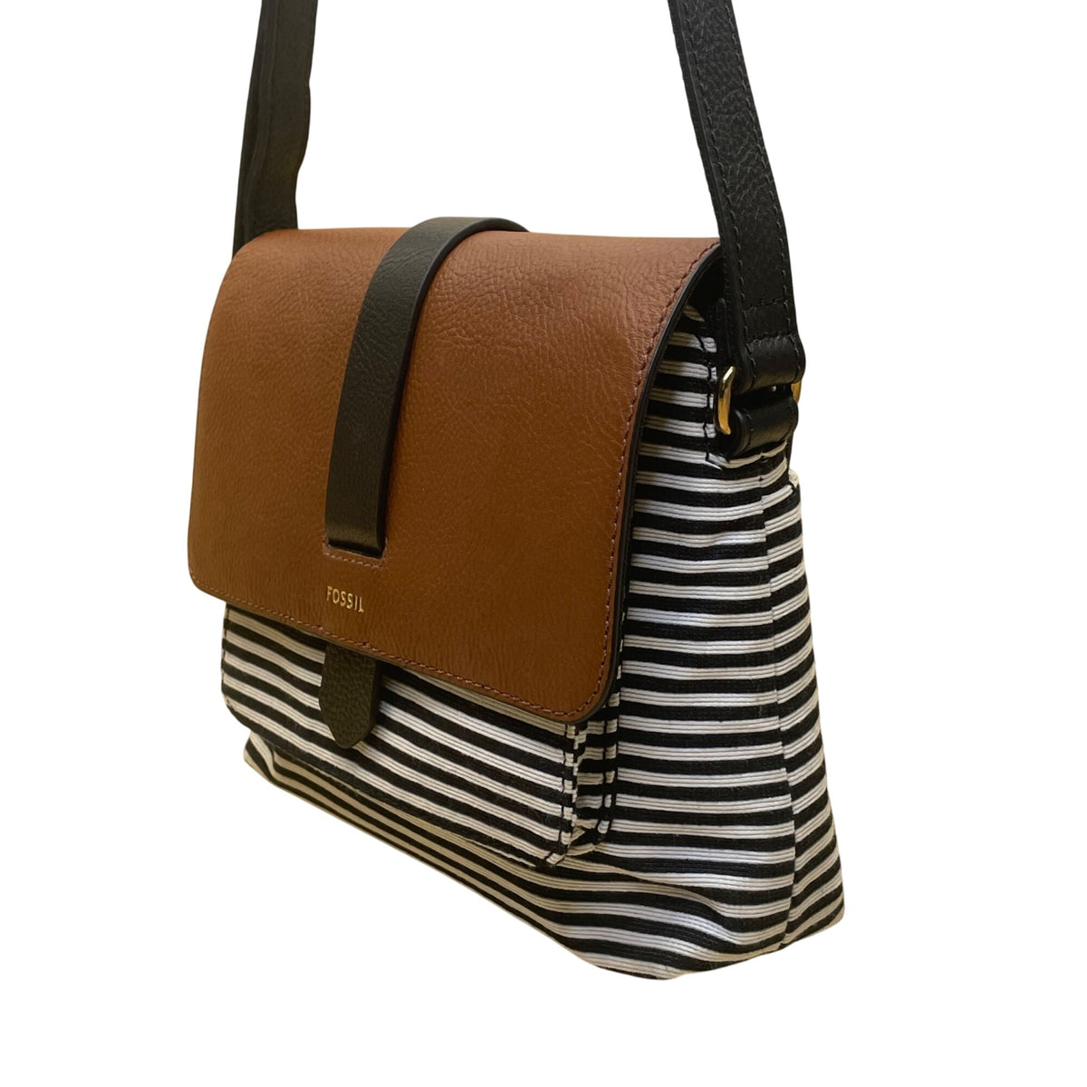 Fossil Women’s Brown Leather Black & White Striped Canvas Crossbody Bag