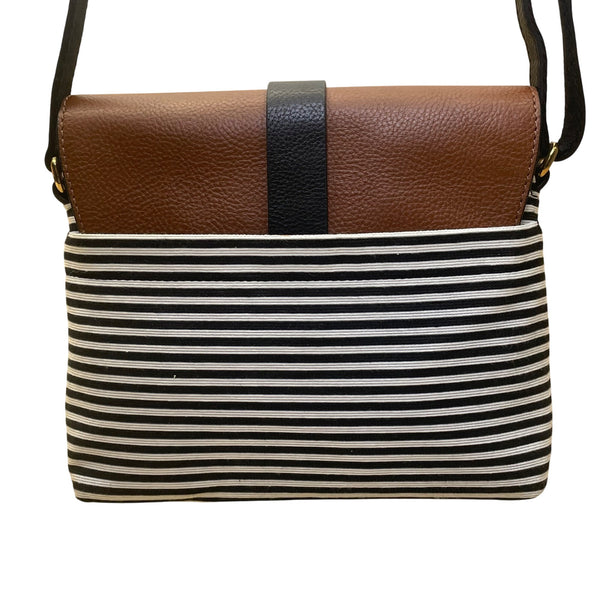 Fossil Women’s Brown Leather Black & White Striped Canvas Crossbody Bag
