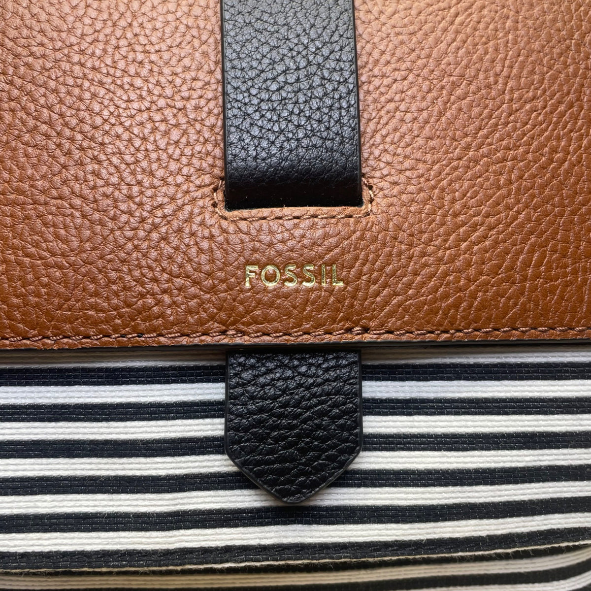 Fossil Women’s Brown Leather Black & White Striped Canvas Crossbody Bag