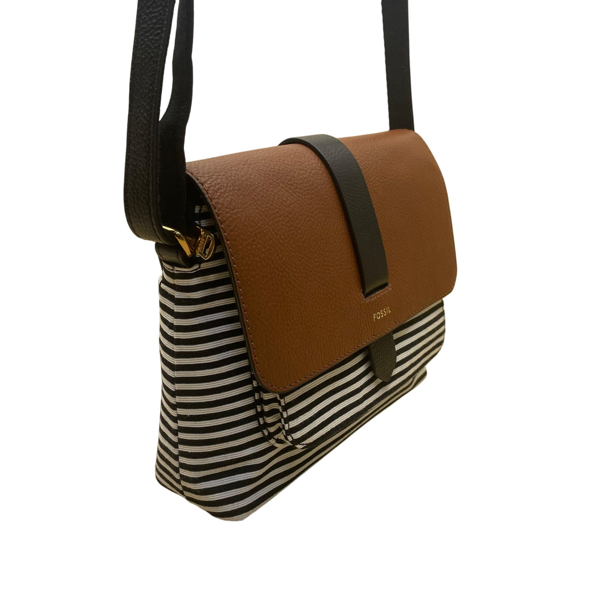 Fossil Women’s Brown Leather Black & White Striped Canvas Crossbody Bag