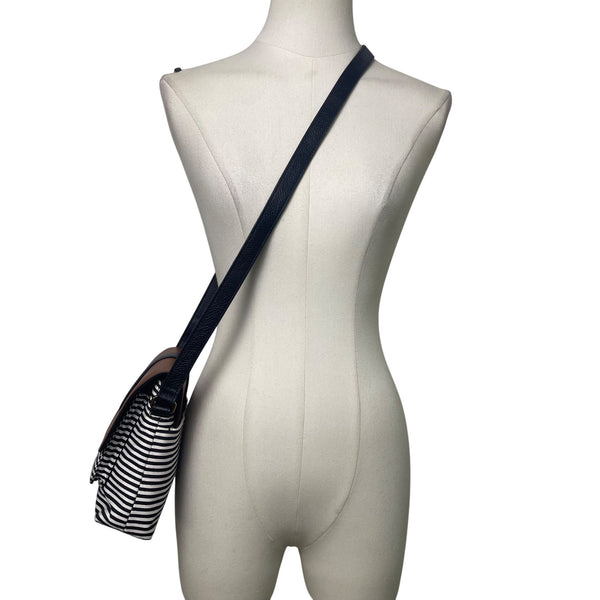 Fossil Women’s Brown Leather Black & White Striped Canvas Crossbody Bag