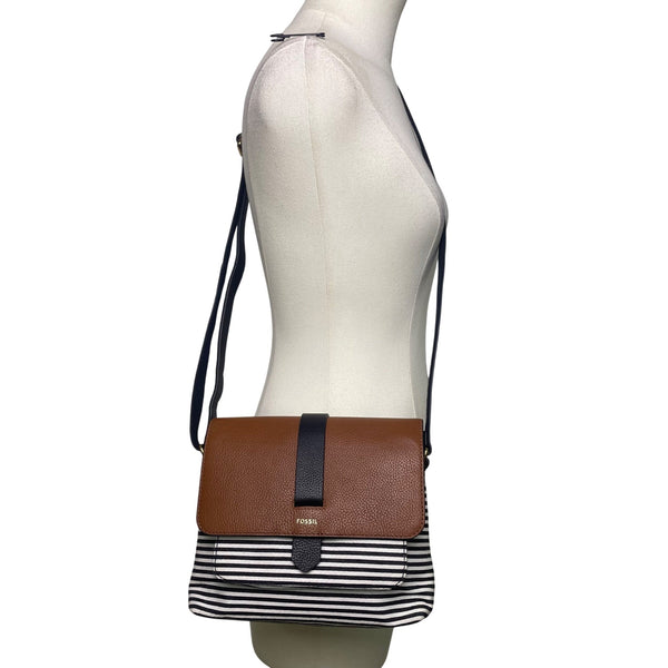 Fossil Women’s Brown Leather Black & White Striped Canvas Crossbody Bag