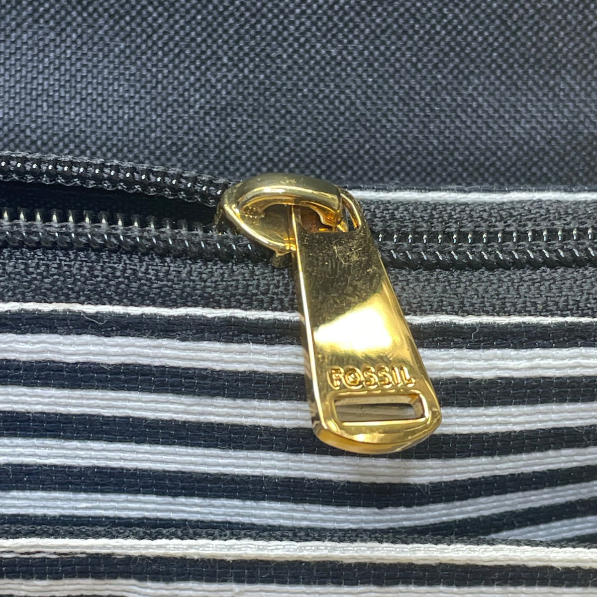 Fossil Women’s Brown Leather Black & White Striped Canvas Crossbody Bag