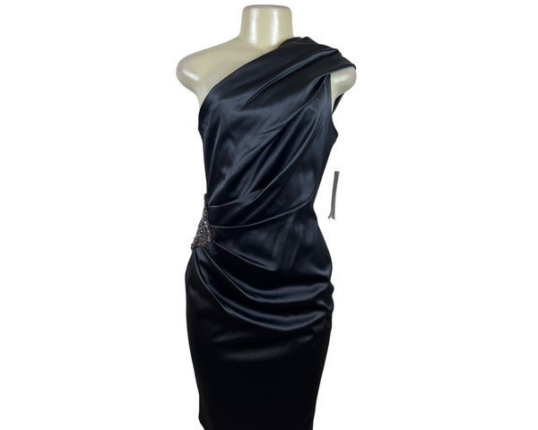 Eliza J Black Satin One-Shoulder Dress With Beaded Embellishment Sz 6 - New