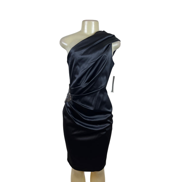 Eliza J Black Satin One-Shoulder Dress With Beaded Embellishment Sz 6 - New