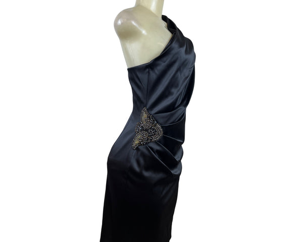 Eliza J Black Satin One-Shoulder Dress With Beaded Embellishment Sz 6 - New