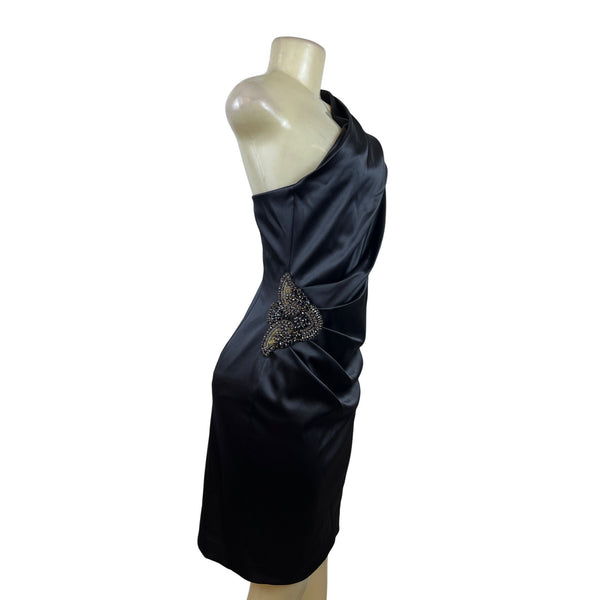 Eliza J Black Satin One-Shoulder Dress With Beaded Embellishment Sz 6 - New