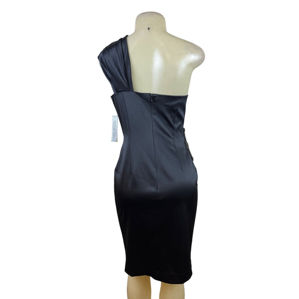 Eliza J Black Satin One-Shoulder Dress With Beaded Embellishment Sz 6 - New