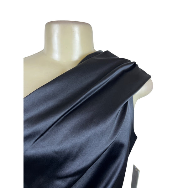 Eliza J Black Satin One-Shoulder Dress With Beaded Embellishment Sz 6 - New