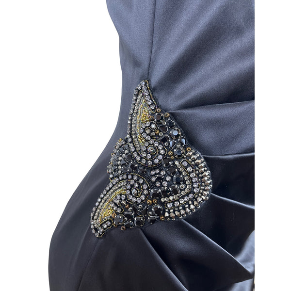 Eliza J Black Satin One-Shoulder Dress With Beaded Embellishment Sz 6 - New