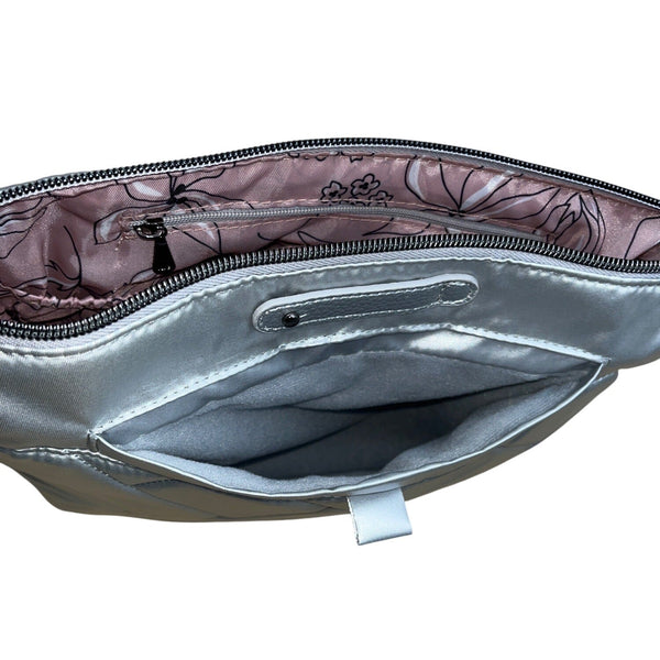 Lug Womens Quilted With Adjustable Straps & Floral Lining Silver Crossbody Bag
