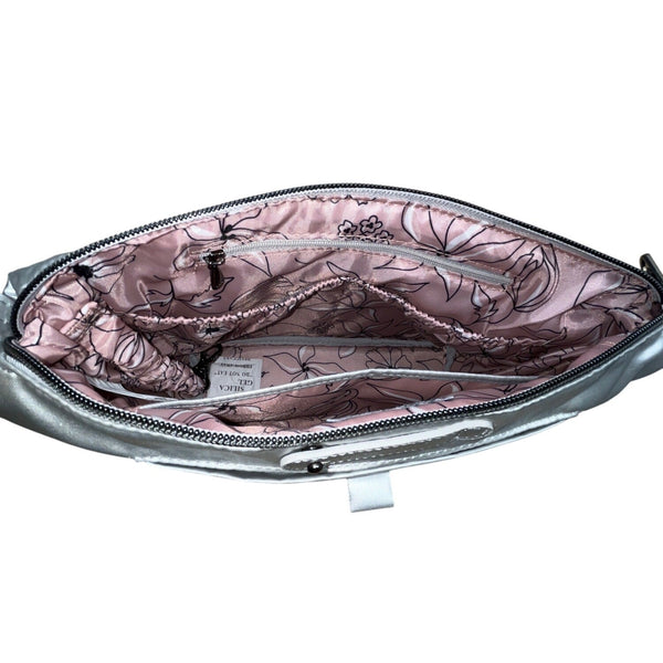 Lug Womens Quilted With Adjustable Straps & Floral Lining Silver Crossbody Bag