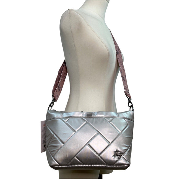 Lug Womens Quilted With Adjustable Straps & Floral Lining Silver Crossbody Bag