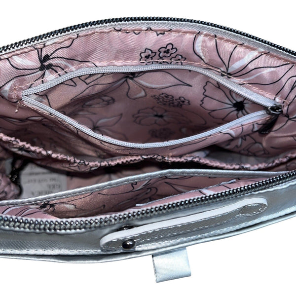 Lug Womens Quilted With Adjustable Straps & Floral Lining Silver Crossbody Bag