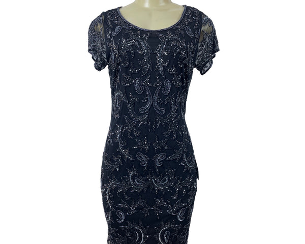 Adrianna Papell Womens Sequin Embellished Black Mesh Sheath Dress Short Sleeve