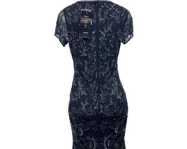 Adrianna Papell Womens Sequin Embellished Black Mesh Sheath Dress Short Sleeve