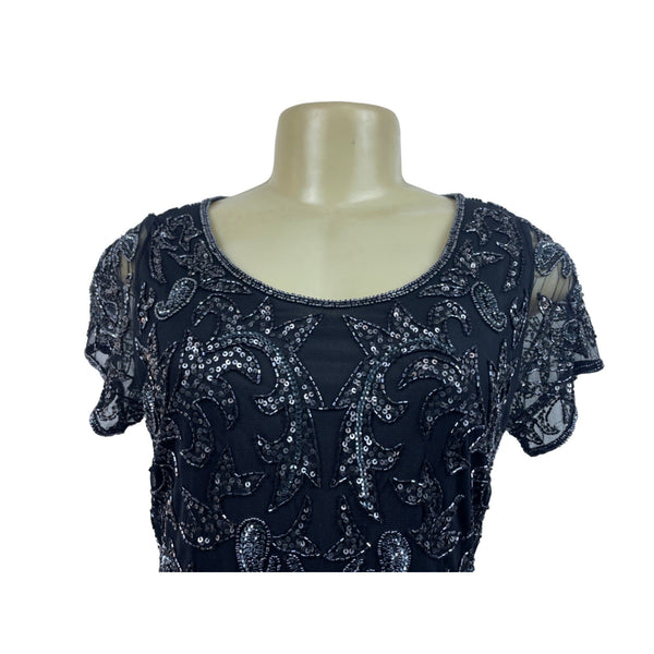 Adrianna Papell Womens Sequin Embellished Black Mesh Sheath Dress Short Sleeve