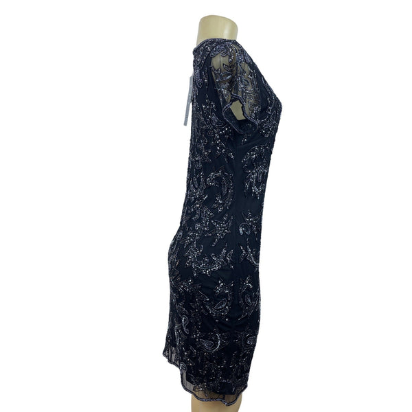 Adrianna Papell Womens Sequin Embellished Black Mesh Sheath Dress Short Sleeve