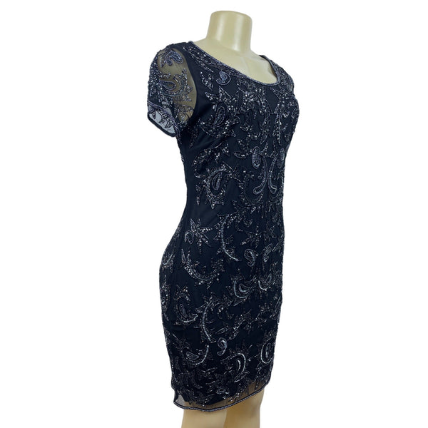 Adrianna Papell Womens Sequin Embellished Black Mesh Sheath Dress Short Sleeve