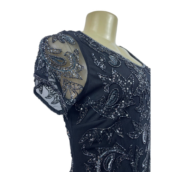 Adrianna Papell Womens Sequin Embellished Black Mesh Sheath Dress Short Sleeve