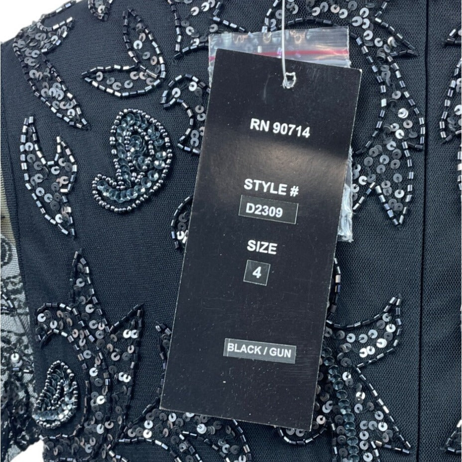 Adrianna Papell Womens Sequin Embellished Black Mesh Sheath Dress Short Sleeve