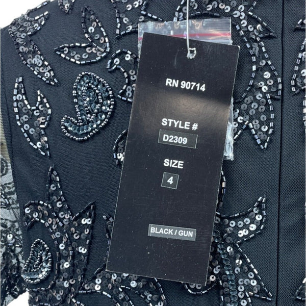 Adrianna Papell Womens Sequin Embellished Black Mesh Sheath Dress Short Sleeve