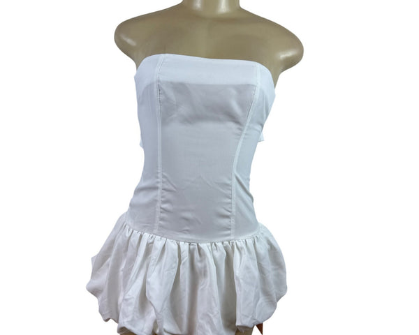 Micas Strapless White Corset Dress With Ruffled Hem & Bow Tie Sz XS - New