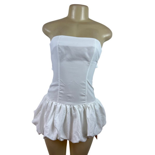 Micas Strapless White Corset Dress With Ruffled Hem & Bow Tie Sz XS  - New