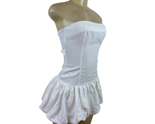 Micas Strapless White Corset Dress With Ruffled Hem & Bow Tie Sz XS - New