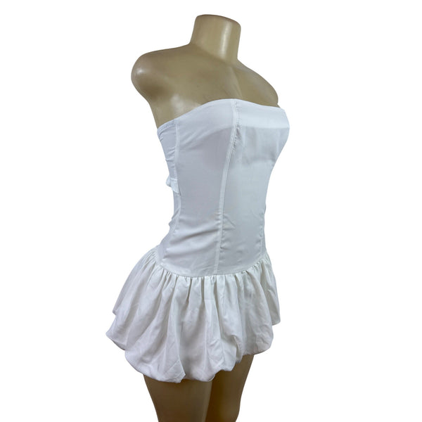 Micas Strapless White Corset Dress With Ruffled Hem & Bow Tie Sz XS  - New