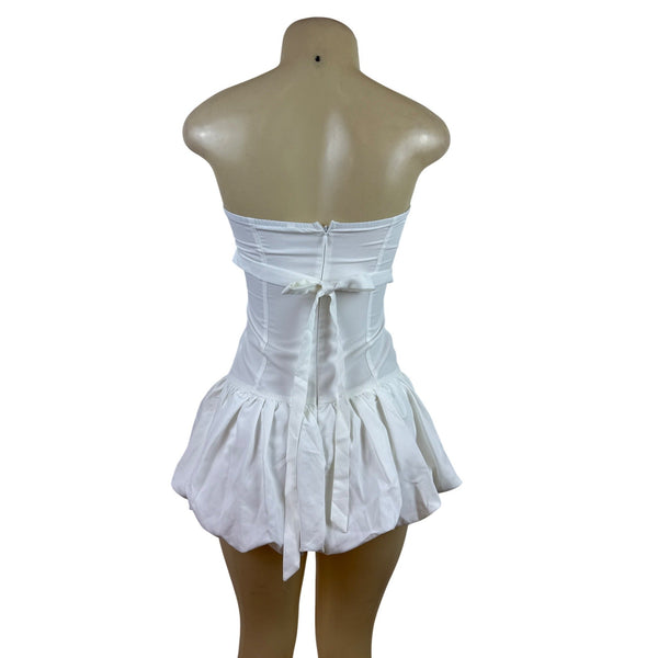 Micas Strapless White Corset Dress With Ruffled Hem & Bow Tie Sz XS  - New