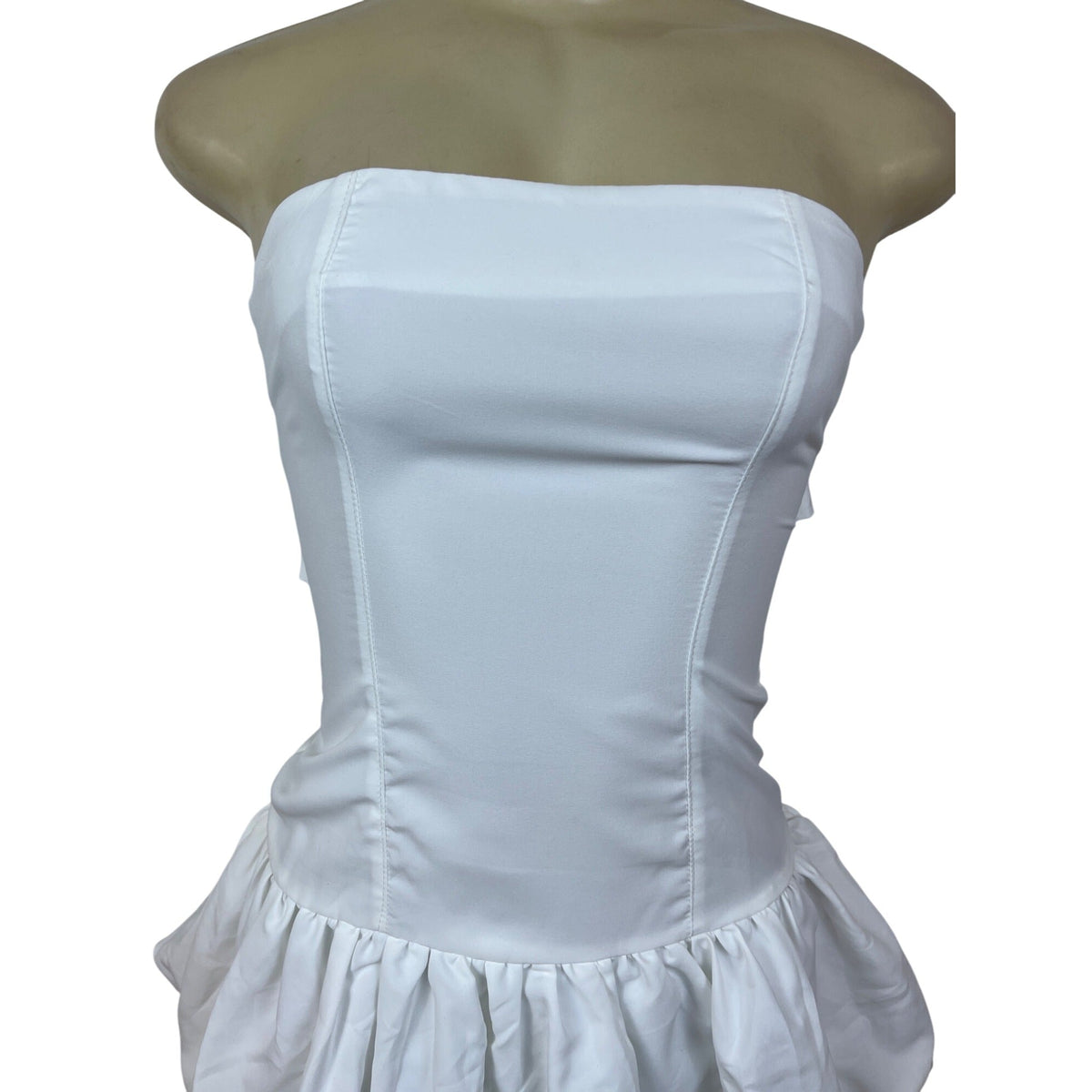Micas Strapless White Corset Dress With Ruffled Hem & Bow Tie Sz XS  - New