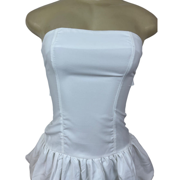 Micas Strapless White Corset Dress With Ruffled Hem & Bow Tie Sz XS  - New