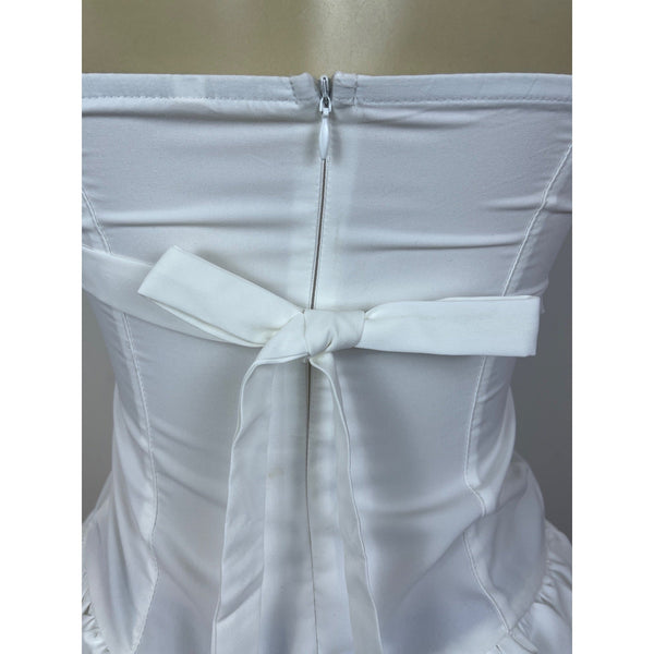 Micas Strapless White Corset Dress With Ruffled Hem & Bow Tie Sz XS  - New