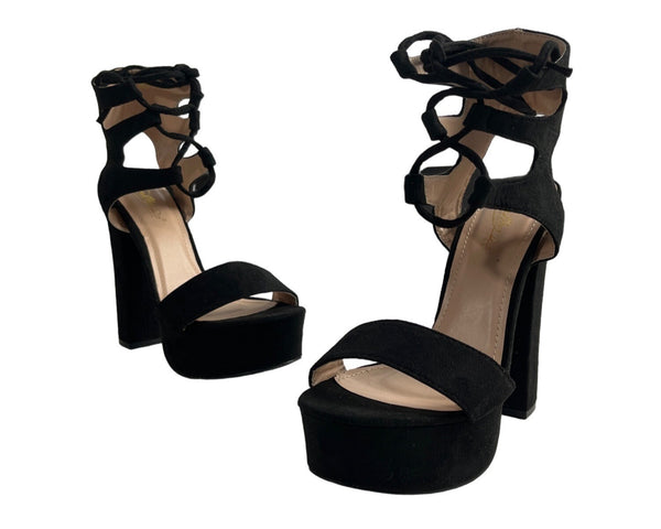 Cathy Din Women's Black Suede Natale Lace Up Platform Heel Sz 7 - New