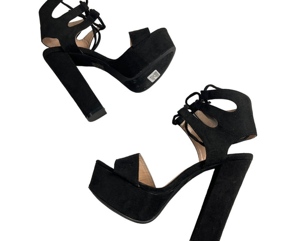Cathy Din Women's Black Suede Natale Lace Up Platform Heel Sz 7 - New