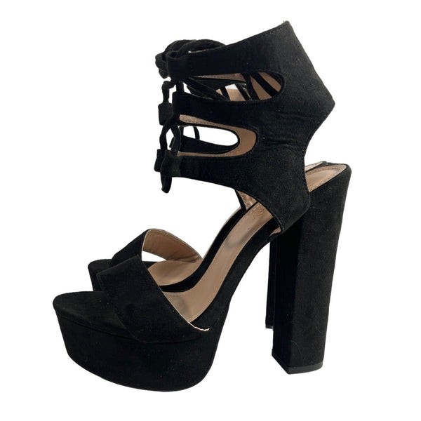 Cathy Din Women's Black Suede Natale Lace Up Platform Heel Sz 7 - New