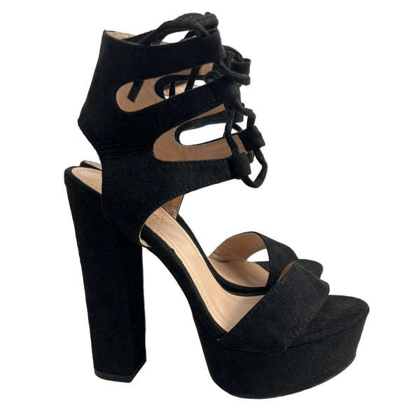 Cathy Din Women's Black Suede Natale Lace Up Platform Heel Sz 7 - New
