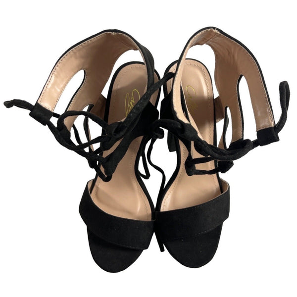 Cathy Din Women's Black Suede Natale Lace Up Platform Heel Sz 7 - New