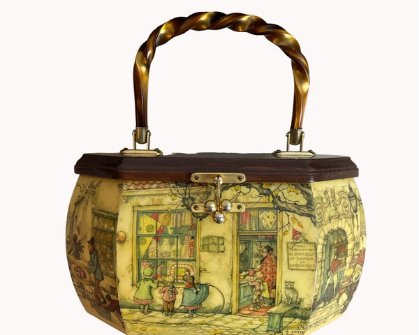 Vintage Old Farm Market Decoupage Brown Wood Bakelite Handel Purse