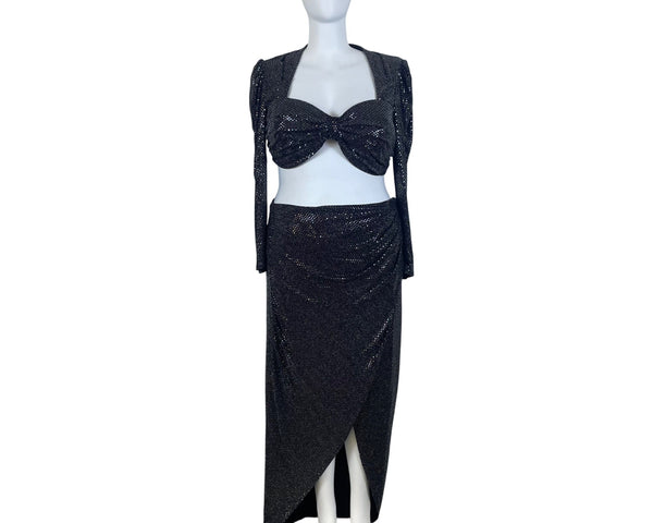 FTF Black Metallic Women’s 3-Piece Sparkling Crop Top Jacket & Maxi Skirt Set OS