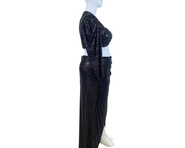 FTF Black Metallic Women’s 3-Piece Sparkling Crop Top Jacket & Maxi Skirt Set OS