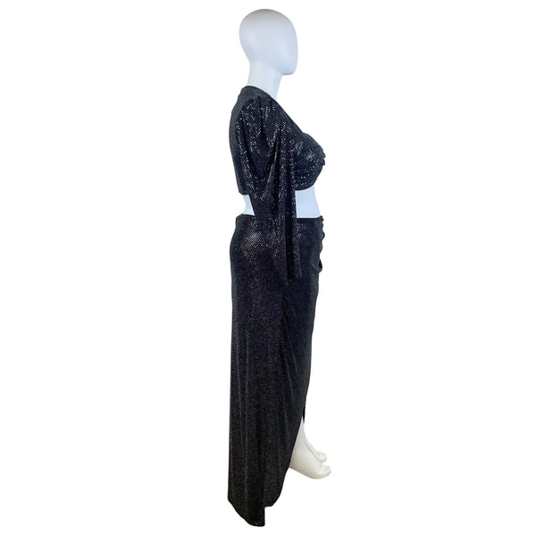 FTF Black Metallic Women’s 3-Piece Sparkling Crop Top Jacket & Maxi Skirt Set OS