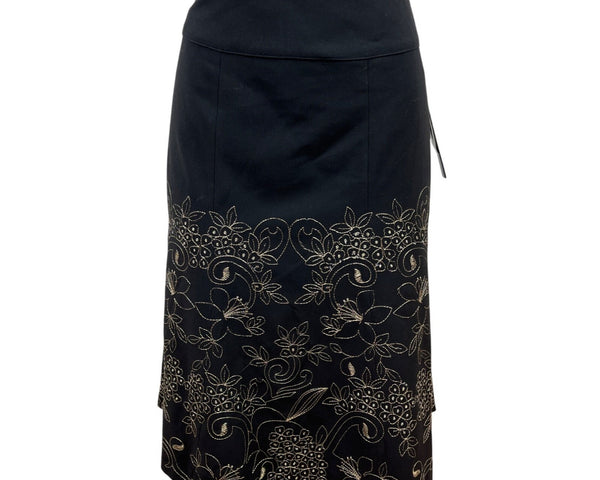 Silkland Black Floral Embroidered Midi Skirt Womens Elegant Design Sz 8 - New