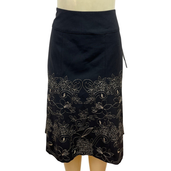 Silkland Black Floral Embroidered Midi Skirt Womens Elegant Design Sz 8 - New