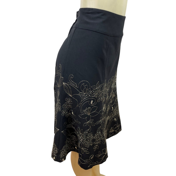 Silkland Black Floral Embroidered Midi Skirt Womens Elegant Design Sz 8 - New
