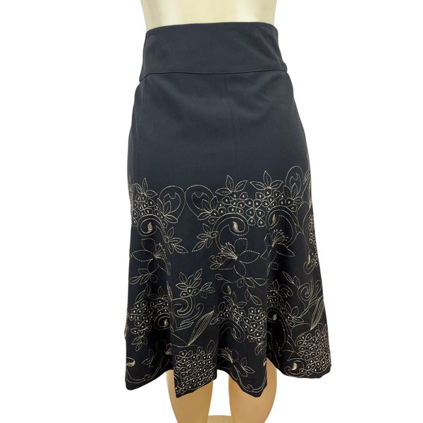 Silkland Black Floral Embroidered Midi Skirt Womens Elegant Design Sz 8 - New