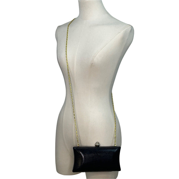 Urban Expressions Black Faux Snake Skin Gold Chain & Rhinestones Clasp Clutch