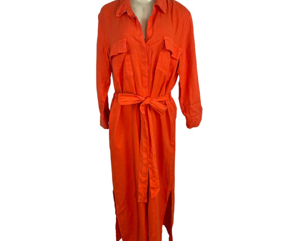 L’agence Womens Long Orange Shirt Dress Button-Front Roll-Up Sleeves Size L