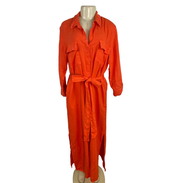 L’agence Womens Long Orange Shirt Dress Button-Front Roll-Up Sleeves Size L